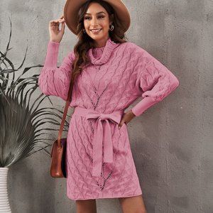 CABLE-KNIT BELTED TURTLENECK SWEATER DRESS